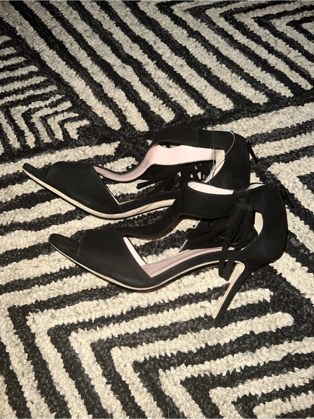 kate spade Black Suede T-Strap Tassel Peep-Toe Heels